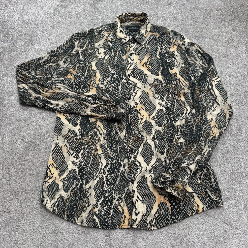 Zara Relaxed Fit Snakeskin Button Down Shirt Women Small Brown Black Long Sleeve